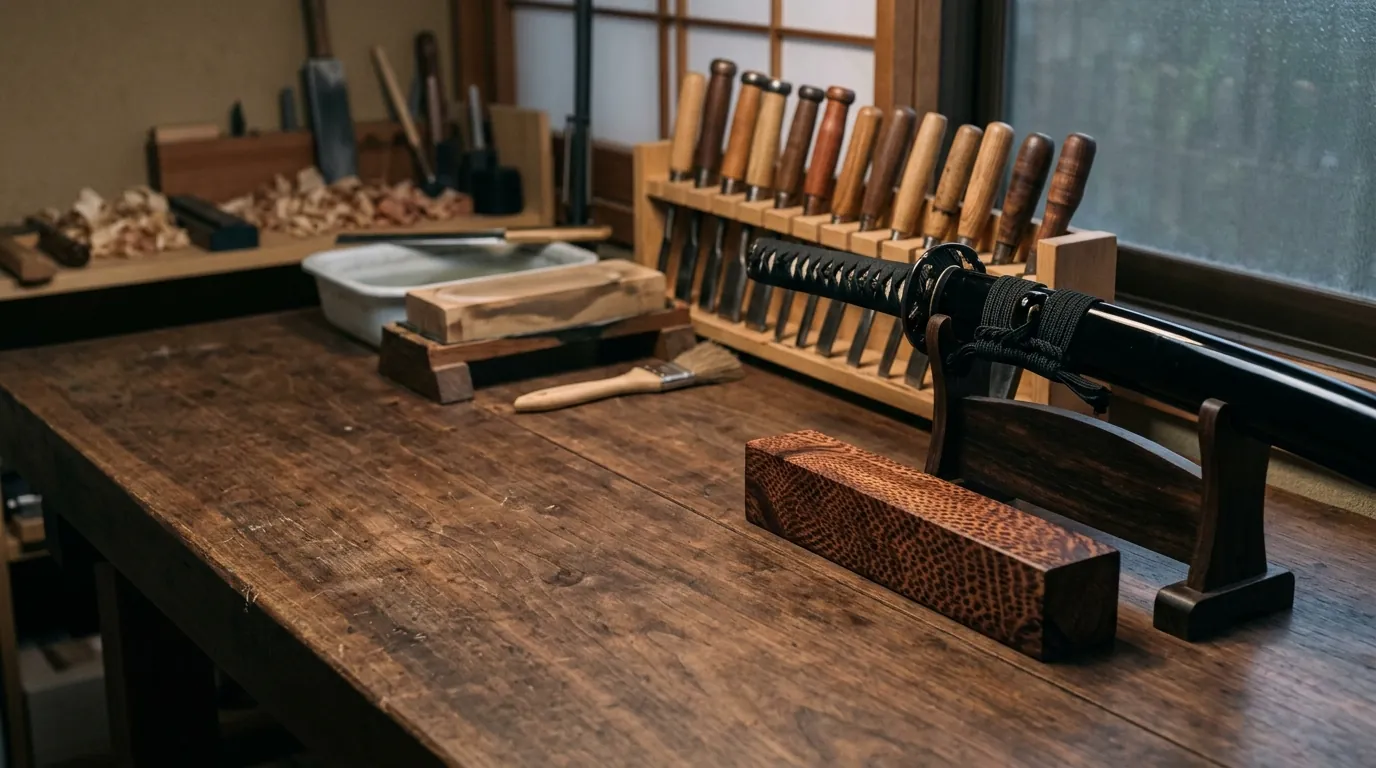 Workshop bench with a katana and a snakewood billet