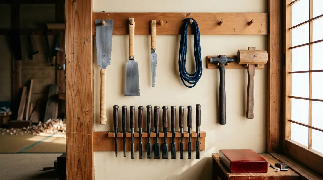 Hand tools on the workshop wall
